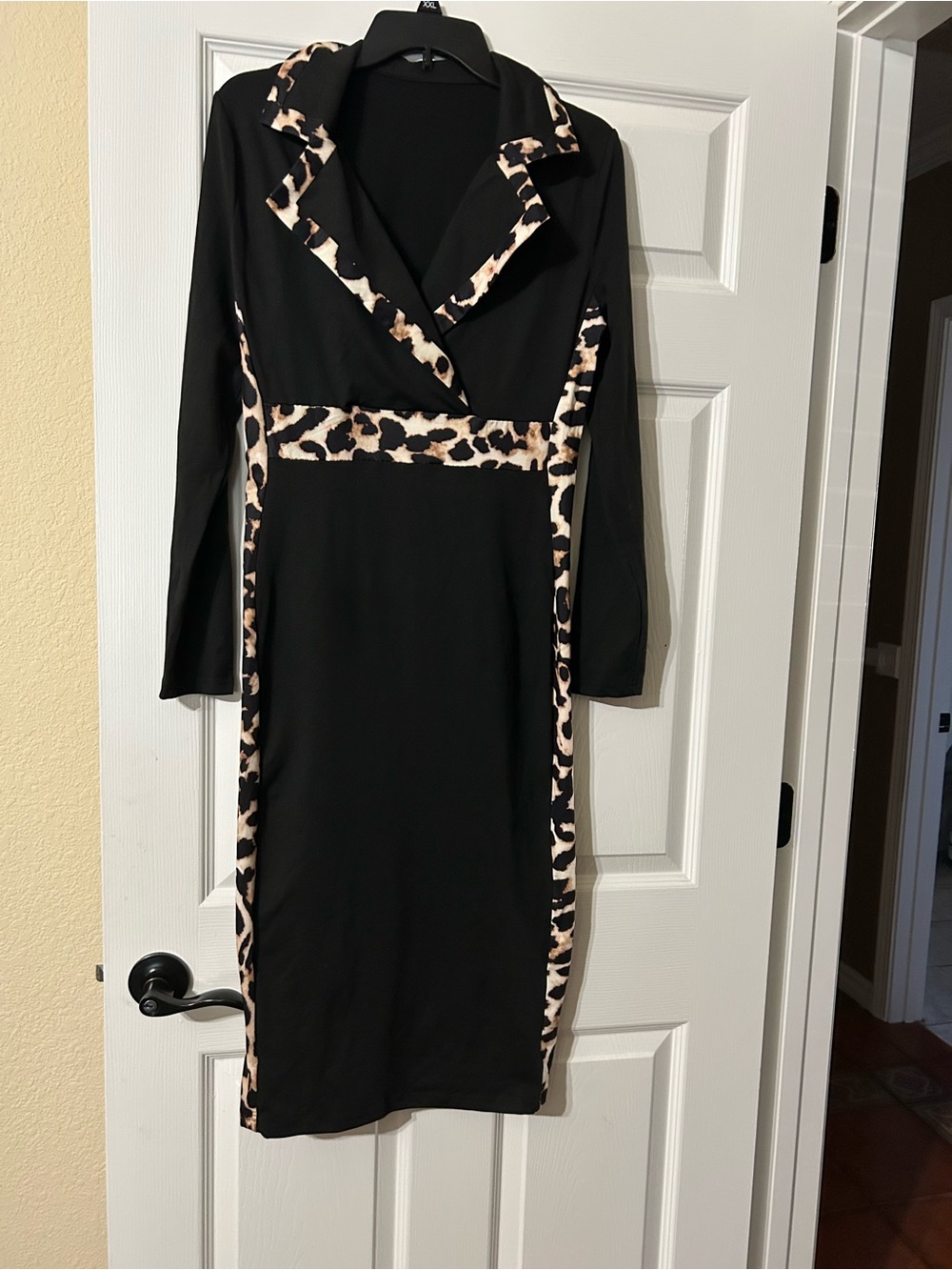 Black Long-Sleeve Wrap Dress with Leopard Trim